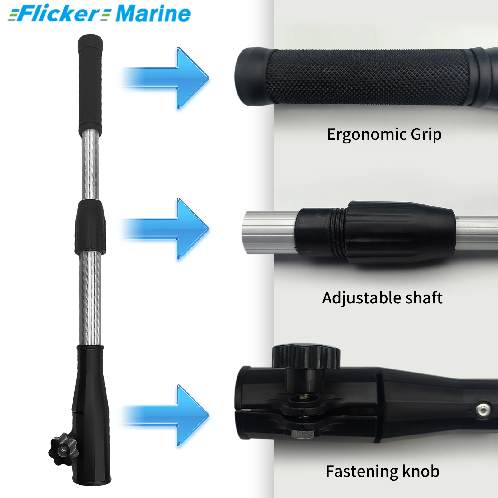 Adjustable outboard motor tiller extension, telescoping tiller with ergonomic silicone grip, available in 4 sizes