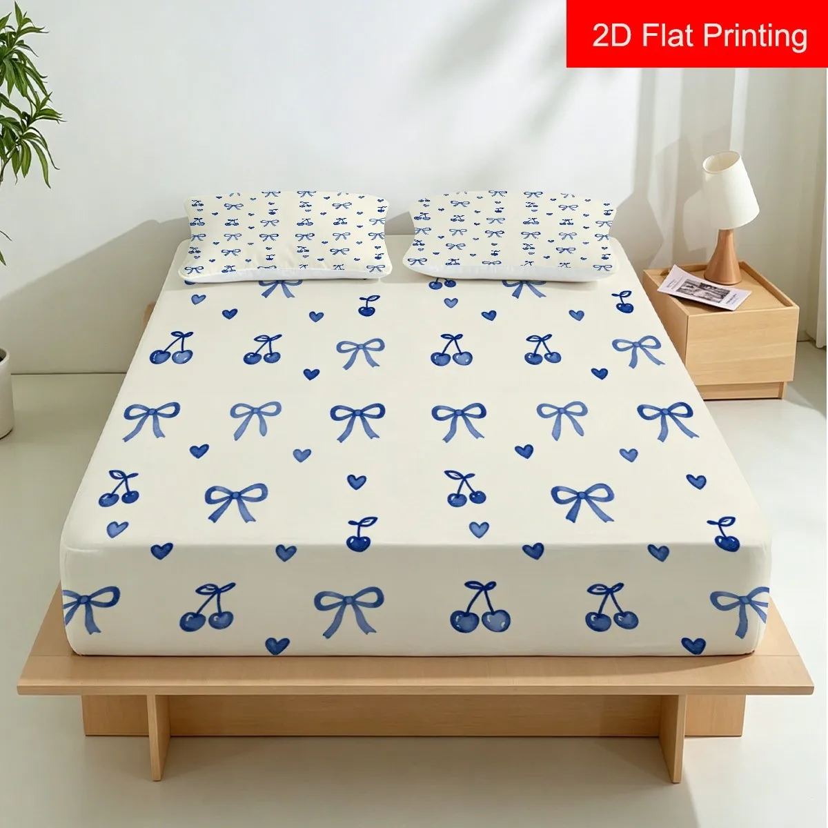 Light Blue Bow, Cherry, Small Heart-Shaped 2D Digital Print Three-Piece Bedding Set, Available in Various Sizes, Suitable as a Gift, Three-Piece Bedding Set (Including 1 Fitted Sheet + 2 Pillowcases), Large Capacity Deep Bedding Set, Fitted Sheet Style, Elastic Cover, Mattress Protector, Fitted Sheet Type, Machine Washable Design, Holiday Decoration, Various Sizes, Breathable Protector Plus Pillowcase