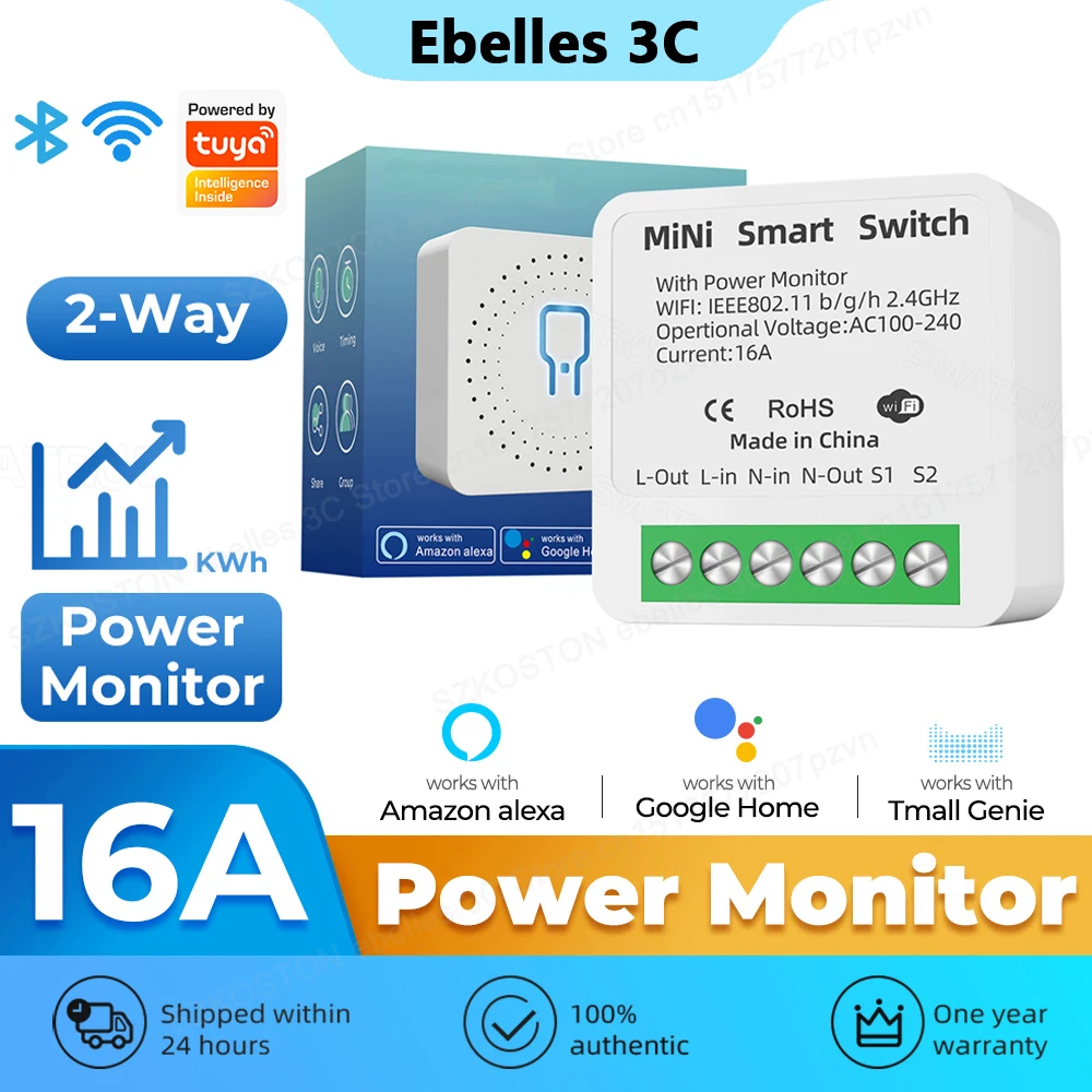 Smart Home Tuya Wifi Smart Switch with Energy Monitor 16A Mini Breaker Automation Module DIY 2Way Control Work with Alexa Google