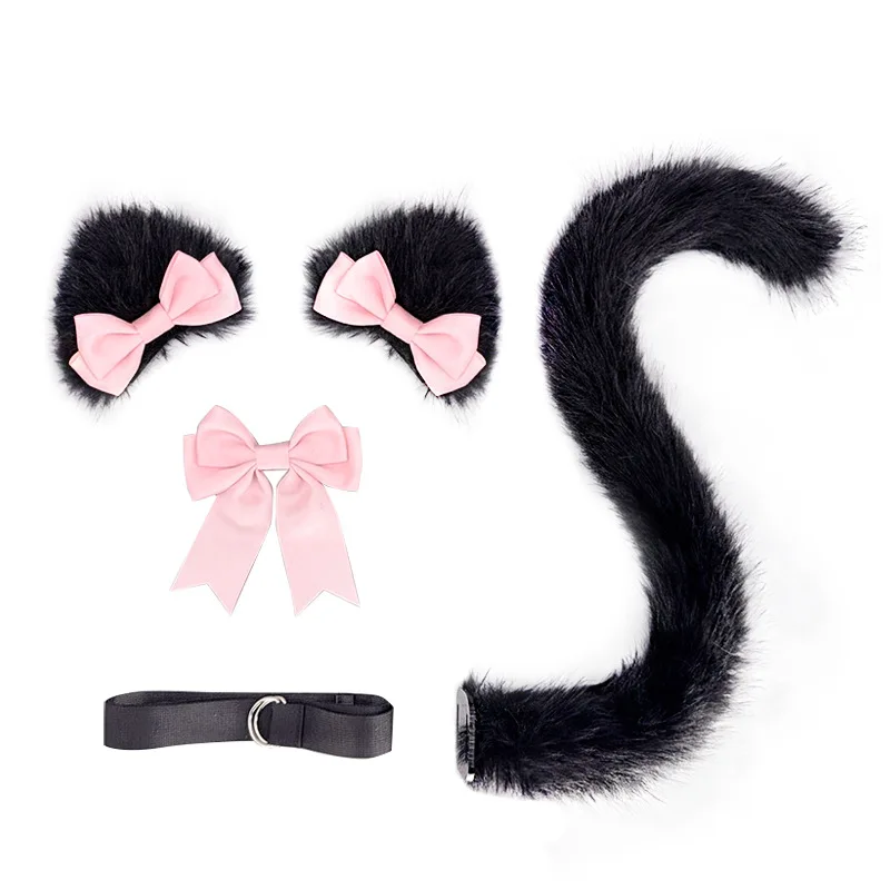 Futrzany ogon kota Uszy Spinki do włosów Zestaw Anime Cosplay Kostium Rekwizyty Lolita Cat Tail Fursuit Pluszowy ogon Faux Fur Haripins Dla kobiet
