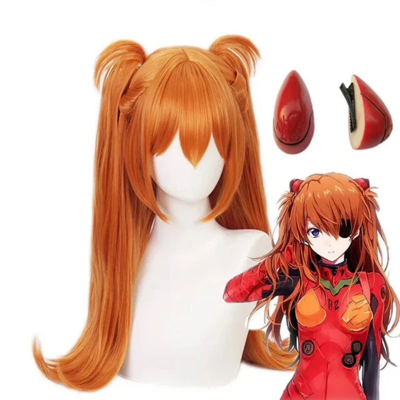 2 colors Asuka Langley Soryu Cosplay Wig Long brown  Orange With 2 Ponytail Clips Heat Resistant Synthetic Hair Wigs