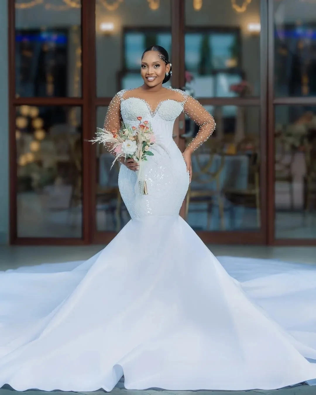 Customized Wedding Dresses Bridal Gowns For Bride Mermaid Marriage Dress Sheer Neck Long Sleeves Beaded Lace