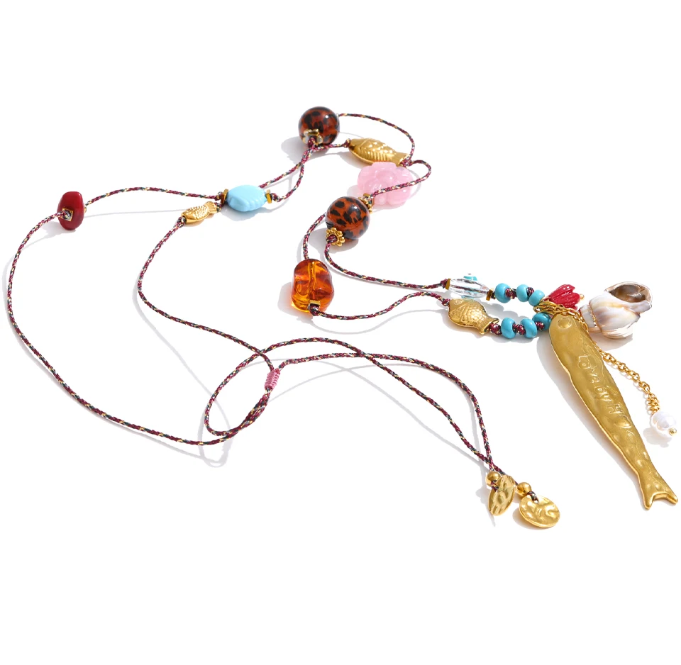 Yhpup Ocean Series Harz-Ketten-Halskette mit Fisch- und Muschel-Anhänger für Damen, Edelstahl, exklusiver Sommer-Schmuck – Detail 3