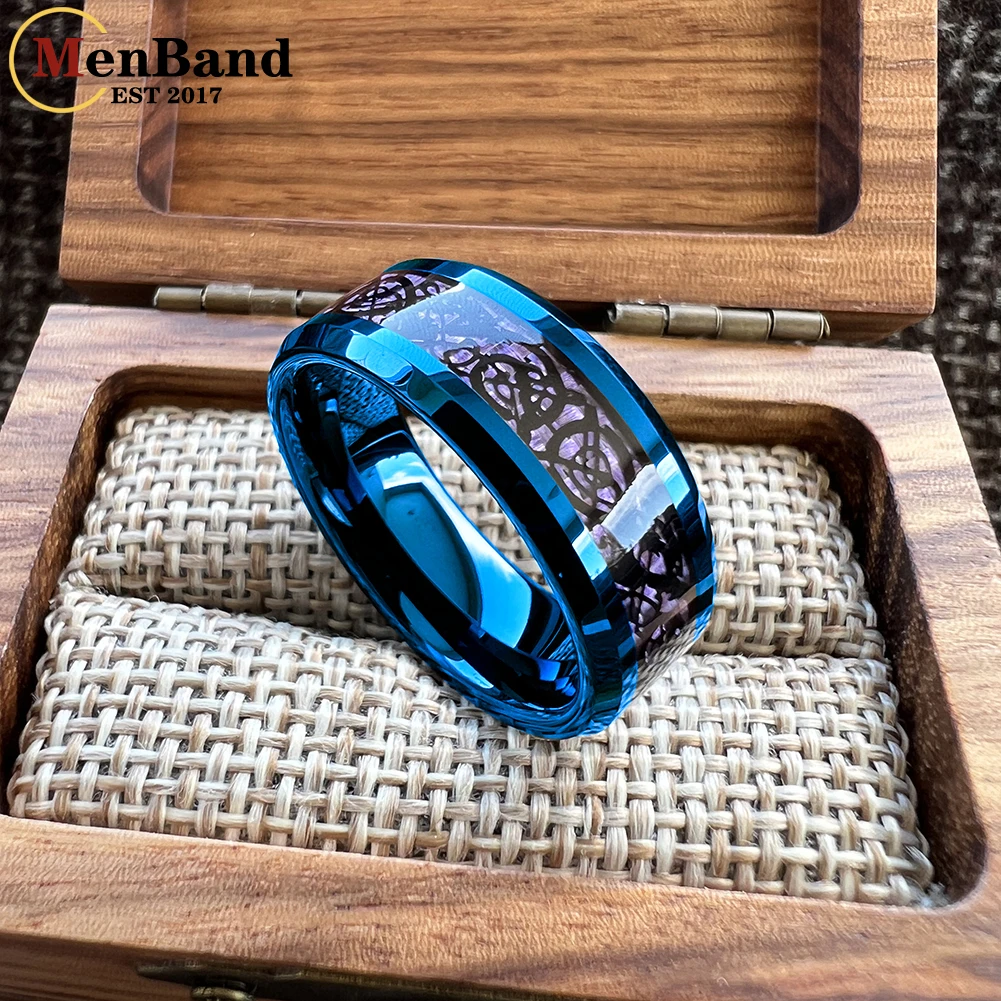 MenBand New Style 8MM Blue Tungsten Carbide Wedding Band Rings Gold Color Dragon And Carbon Fiber Inlay Comfort Fit