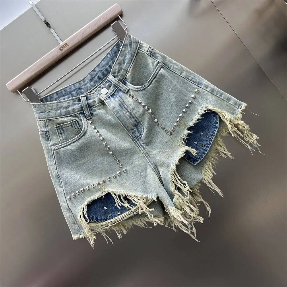 Personalized Rivet Denim Shorts for Women 2026 Summer New American Style High Street Pants Fringe High Waist Loose Shorts