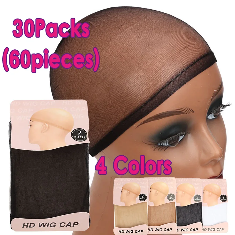 Transparent HD Wig Cap 30Packs 60Pieces Thin Nylon Cap For Women  - 4 Colors Transparent Invisible HD Wig Caps Wig Accessories