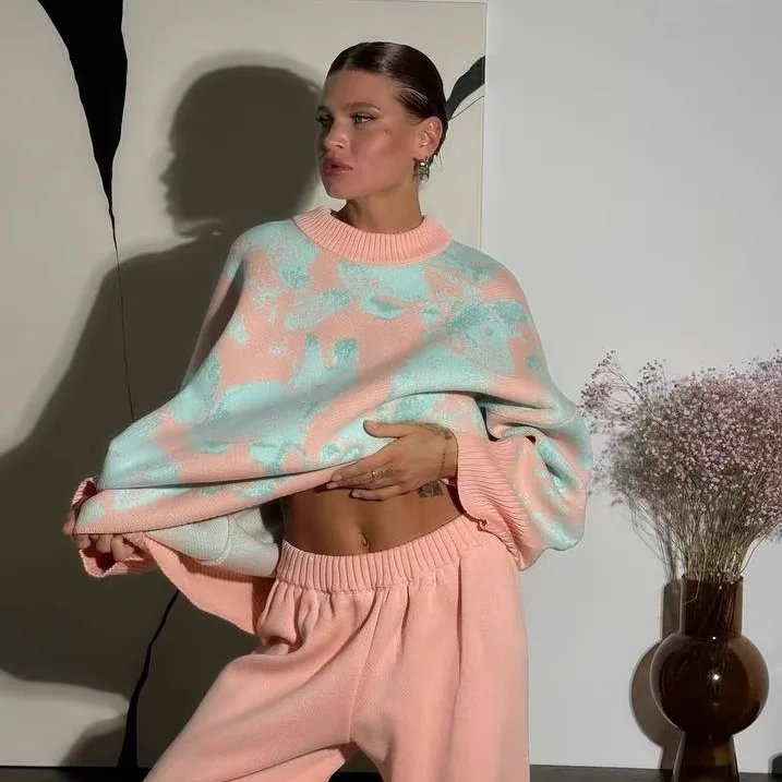 Lässiges Strickpullover- und Hosen-Set, gerades Bein, lange Hose, zweiteiliges Set, rund, Ne Long Sve Overhead Faion Ensemble