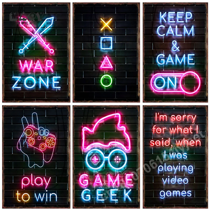 Neon Game Gamer Gaming Metal Tin Sign for Home Wall Art Decoration Teenager Bedroom Plaques Garage Club Bar Plate Vintage Poster