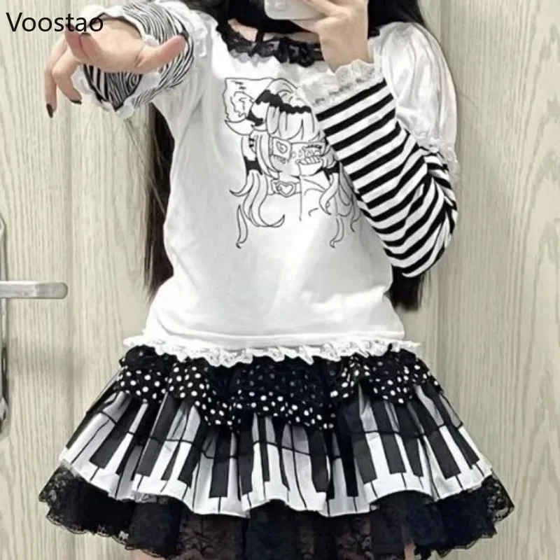 Japanese Harajuku Y2k Lolita Mini Skirt Women Vintage Black White Piano Keys Polka Dot Lace Party Skirts Casual Punk Cute Faldas