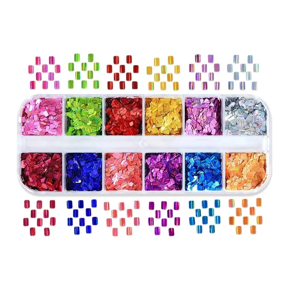 12-Grid Nail Art Sequins Holographic Laser Shiny Nail Glitter Flakes Rectangular Shape Square Shape Nail Charms DIY Decoration