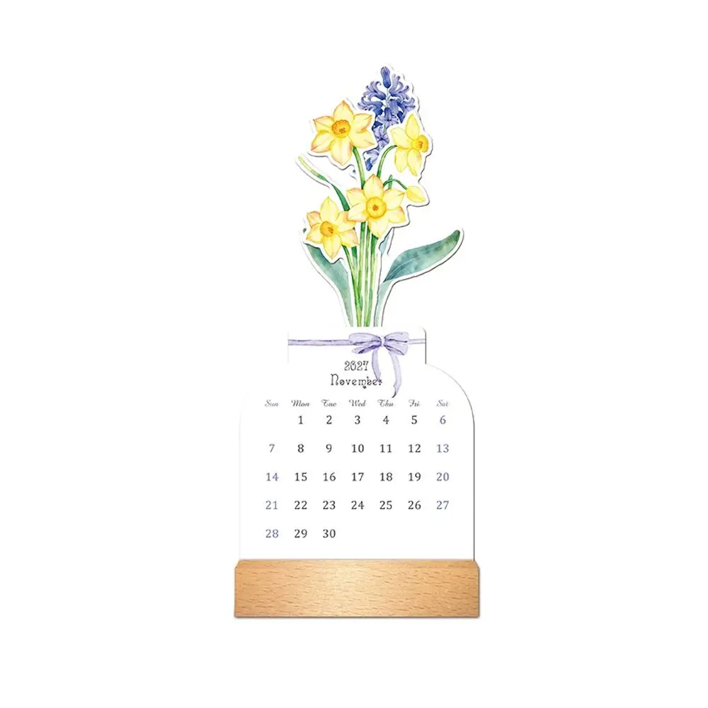 Floral 2027 Desktop Calendar Vase Shaped Wooden Base Bloomy Flowers Desk Calendar Detachable Base Standing Calendar