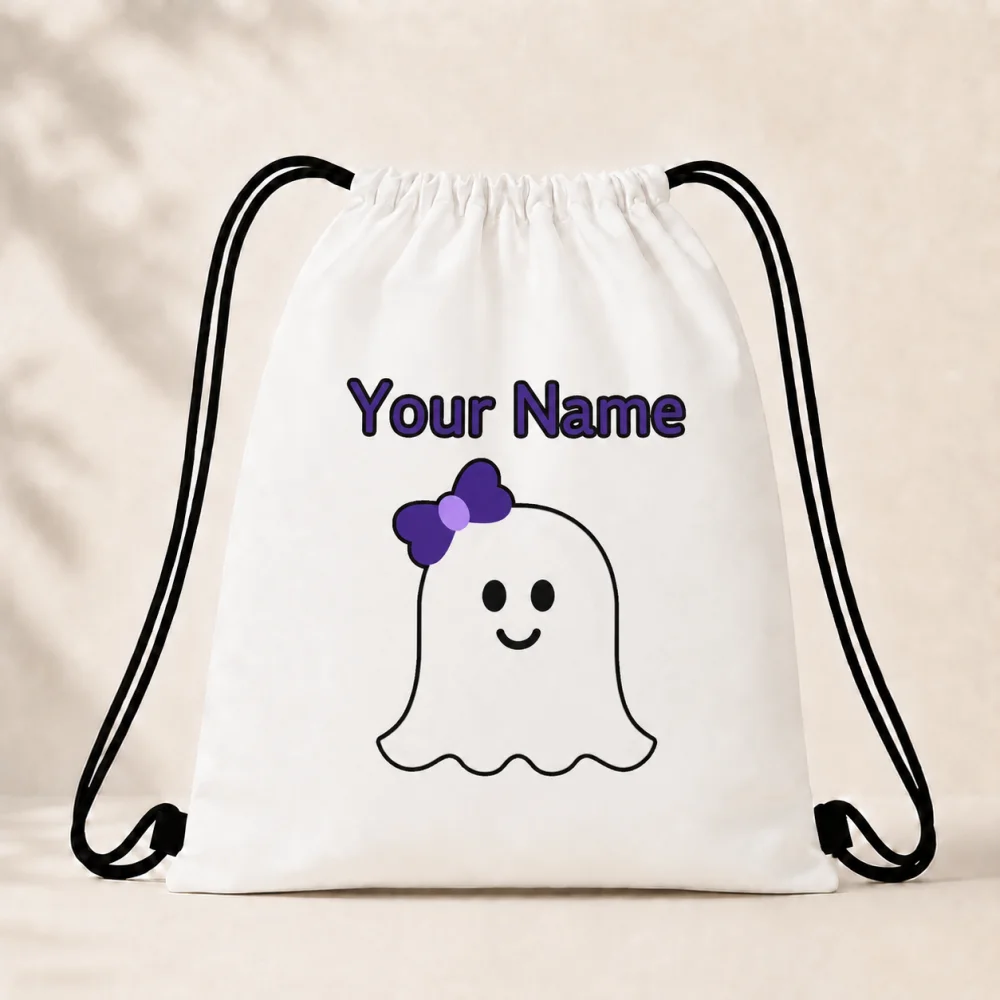 1pc Custom Name Halloween Cute Ghost Drawstring Backpack, Personalized Print String Storage Bag for Kids Gym Trick Or Treat Gift