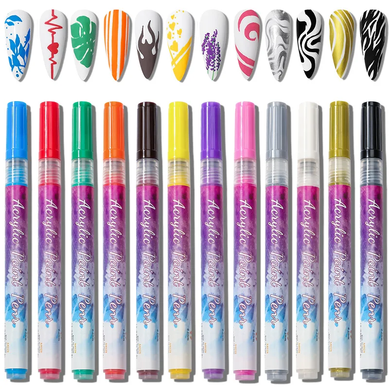 Imagem -02 - Waterproof Acrílico Nail Art Brush Grupo Unha Art Tools Liner Pintura Linha Graffiti Paint 0.7 mm 12 Cores