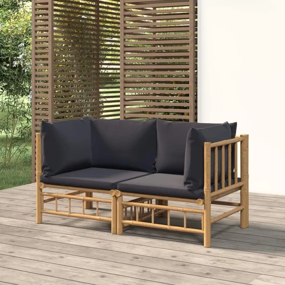 

Bamboo Corner Sofas with Dark Gray Cushions, 2 pcs Lounge Set for Garden or Patio, Outdoor, with Strong Natural Material