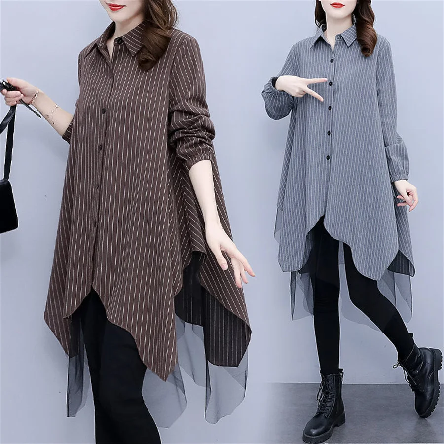 Women\'s Striped Shirts 2022 Elegant Asymmetrical Tops Casual Long Sleeve Blusas Female Button Patchwork Tunic Oversized