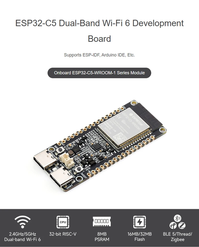ESP32-C5 Dual-Band WIFI6 Development Board With 240 MHz RISC-V 32 Processor Onboard  ESP32-C5-WROOM-1 For ESP-IDF Arduino IDE