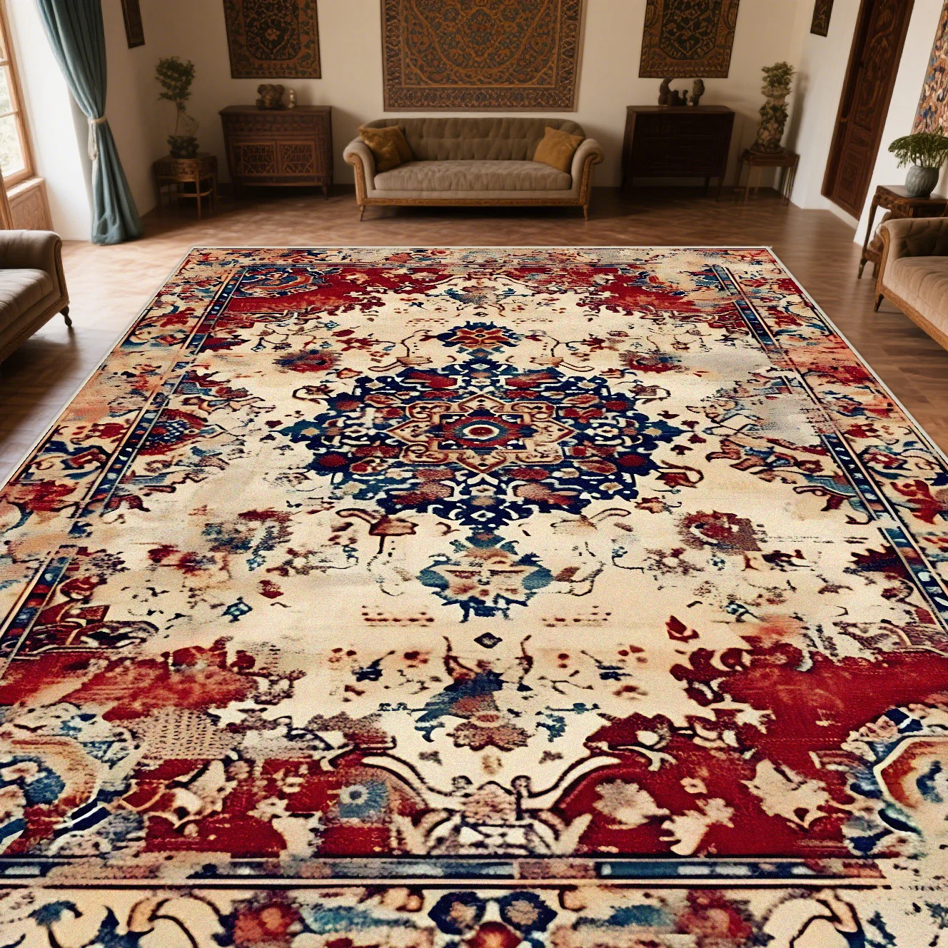 

Persian Retro Washable Carpet Non-slip Bedroom Mat Bedside Light Luxury Bohemian Large Room Rugs Washable Lounge Rug Play Mats