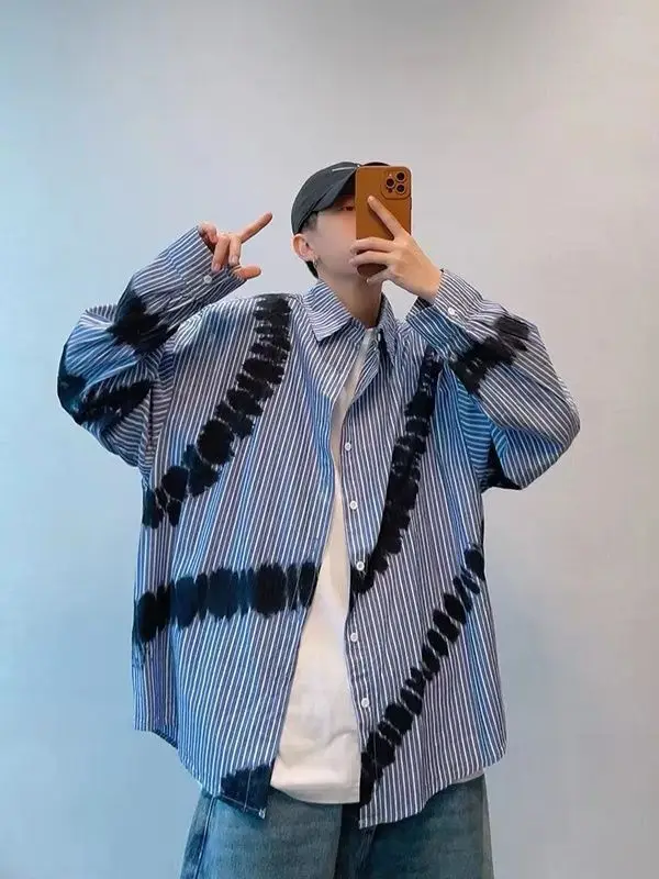 Handsome and versatile trendy men's long-sleeved Hong Kong style handsome autumn splicing color Korean fresh shirt