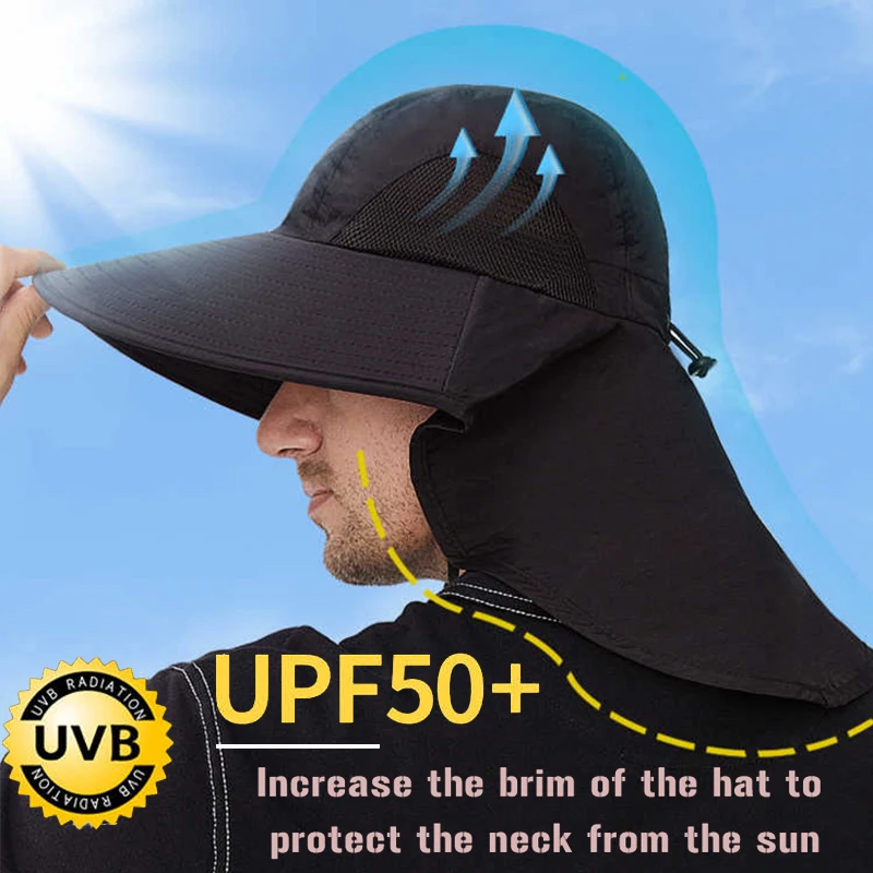 Wide Brim Sun Hat with Neck Flap New for men women Adjustable Outdoor 50+UPF Protection Safari Cap Fishing Hiking Breathable Hat