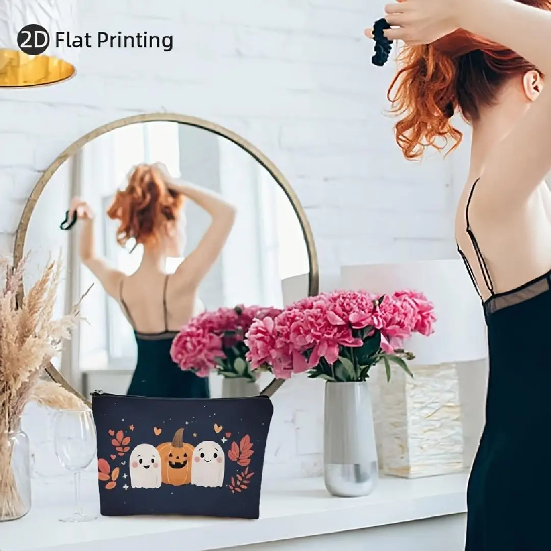 A Cute ghost and pumpkin designed makeup bag- multifunctional zipper pouch, jewelry storage bag, perfect travel zipper small sto