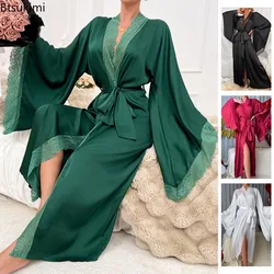 2026 Women's Long Solid Kimono Robes Sexy Lace Patchwork Lace-up Bathrobe Fashion Flare Sleeve Satin Nightgowns Women Loungewear