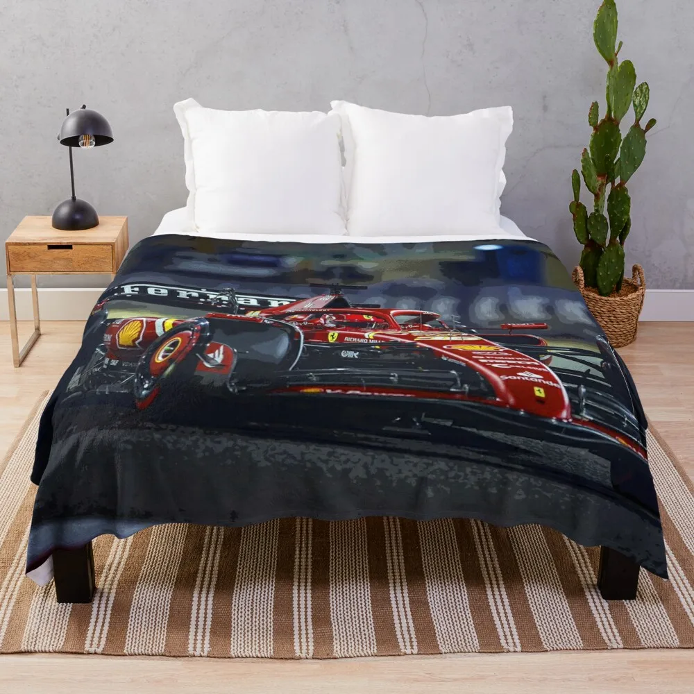 Charles Leclerc racing his 2024 F1 car in the dark abstract Throw Blanket Moving Cute Plaid Blankets