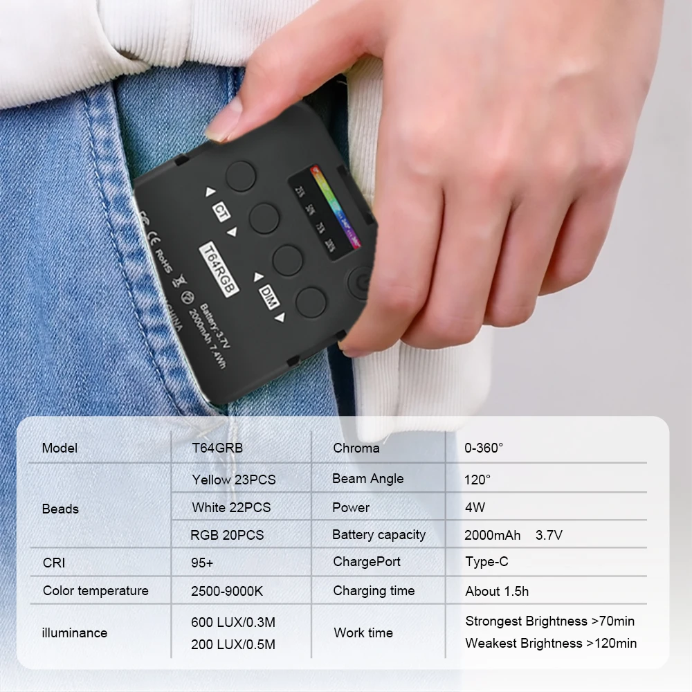 Camvate ไฟ LED เติมแสงแบบพกพา RGB ไฟ LED แบบพกพาไฟวิดีโอขนาดเล็กสำหรับกล้องจอมอนิเตอร์สมาร์ทโฟน GoPro แล็ปท็อป selfie ปรับได้