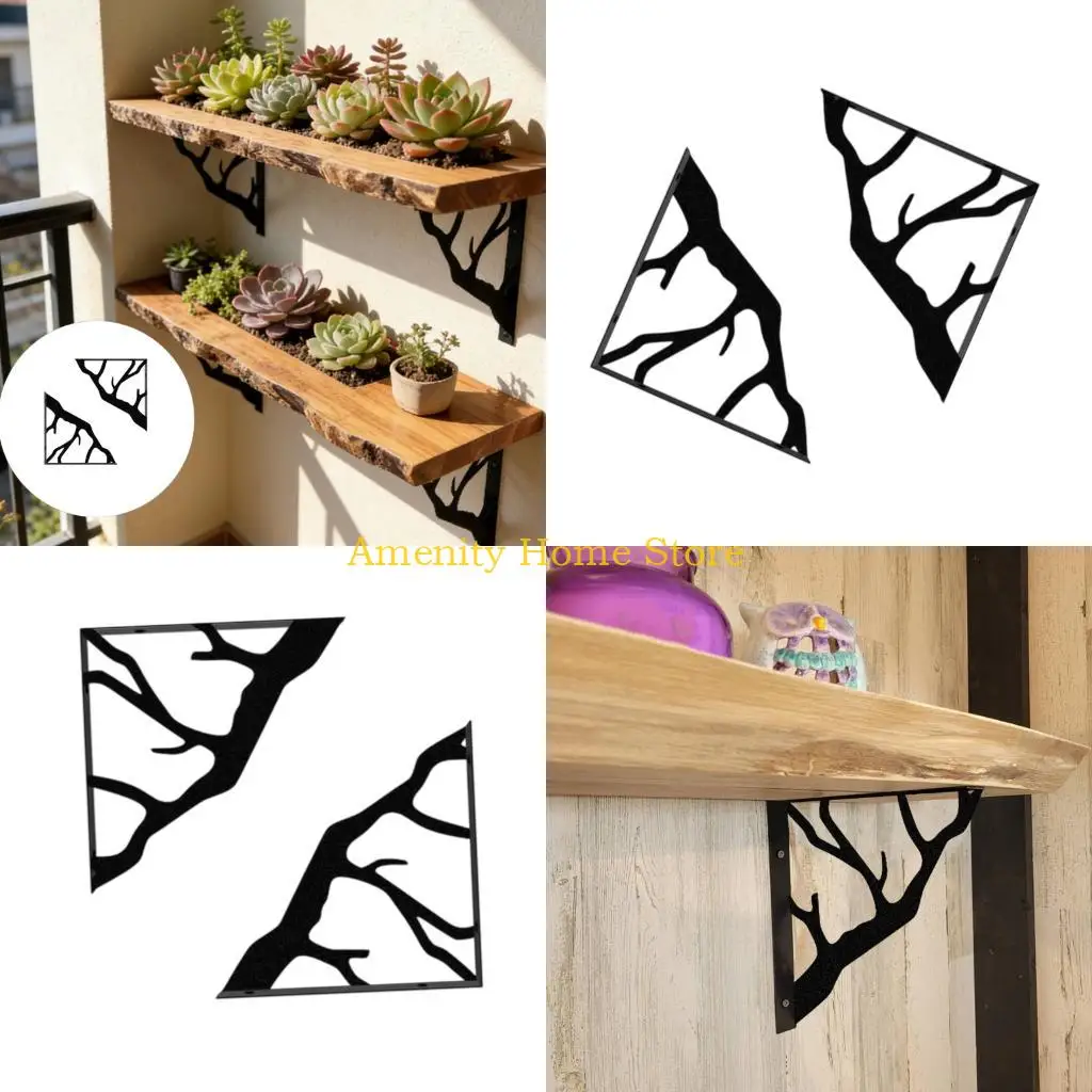 F26C Open Branch Design Wall Shelf Brackets, Black Iron L-Form Support Structure, 1 Pair for Wall-Mounted Shelf Boards