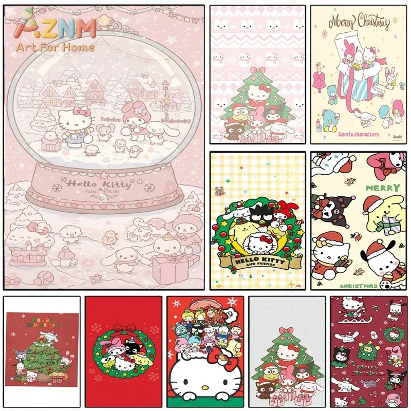 Sanrio Hello Kitty Christmas Snow Globe Canvas Wall Art Unframed Canvas Poster Kawaii Xmas Print for Kids Room Wall Decor Gift