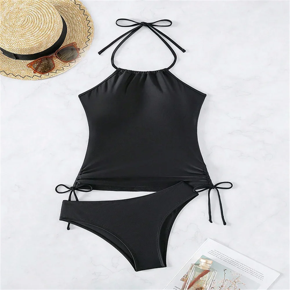 Maillot de bain noir licou String dos nu Tankini Bikini cordon vacances maillots de bain femmes Micro tongs maillot de bain tenues de plage