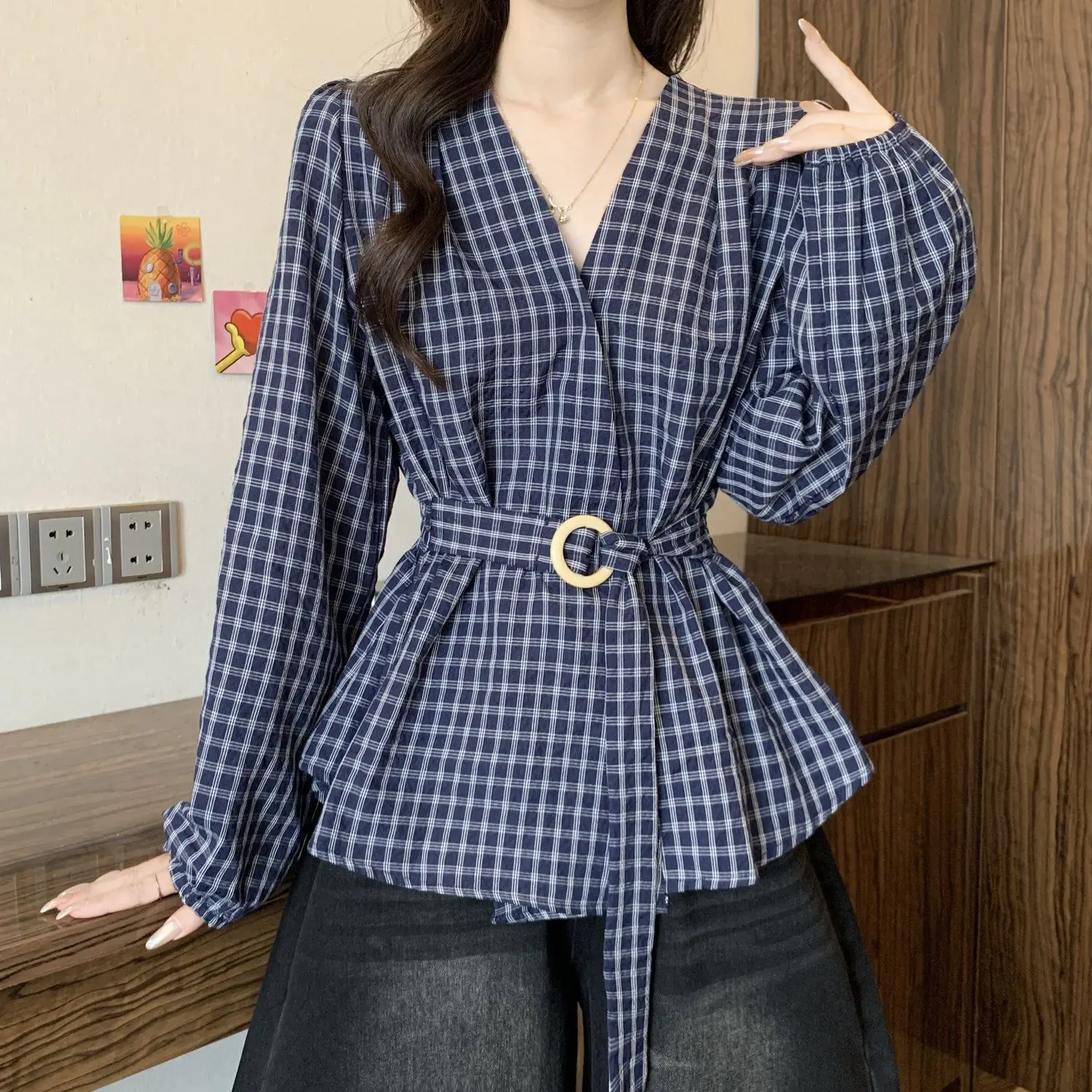 Vintage Plaid V Neck Blouse Women Plus Size Long Sleeve Shirt High Waist Slim Fit Tops Elegant Casual Retro Style Spring Autumn