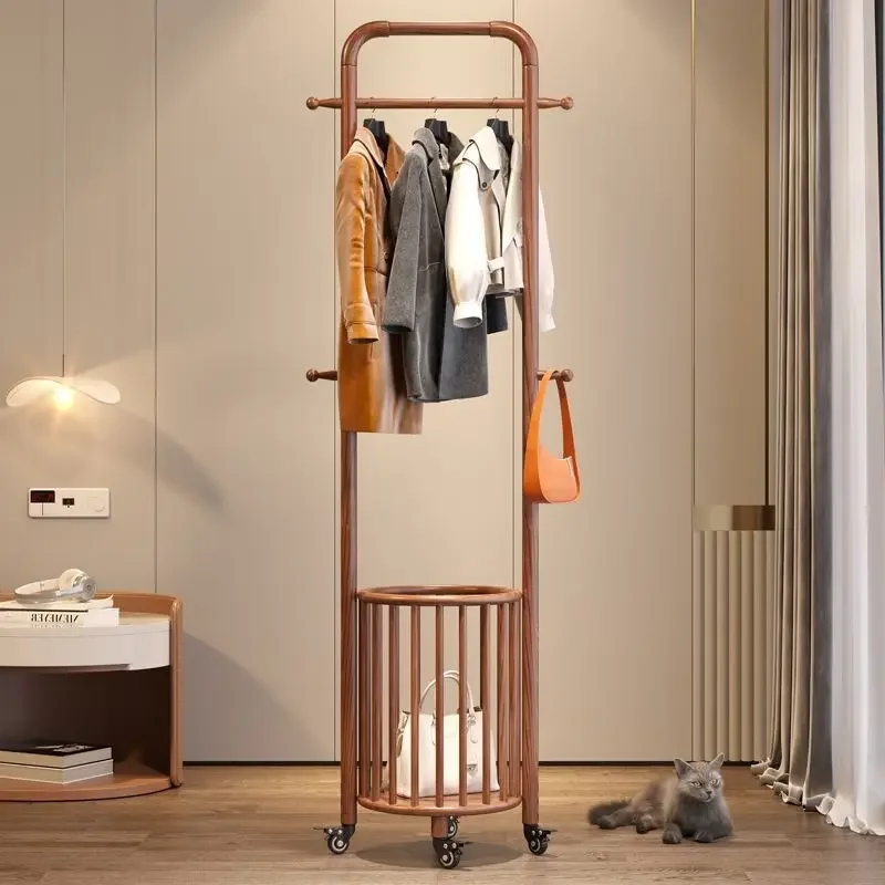 Solid wood coat rack mobile clothes rack floor bedroom storage dirty laundry basket home room simple clothes rack