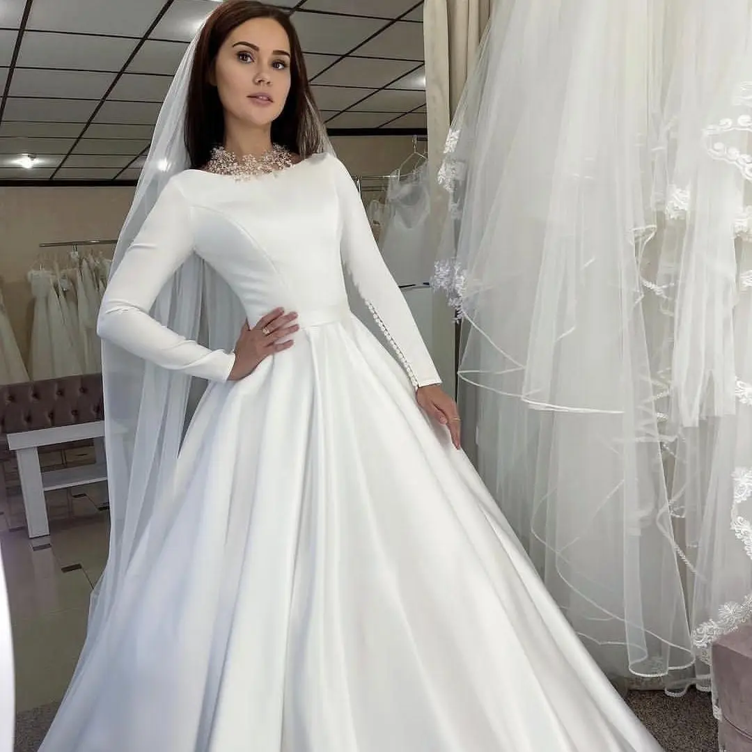 Gaun pernikahan Satin panjang gaun pengantin A-Line Satin untuk wanita menyesuaikan untuk mengukur jubah yang menawan dengan ritsleting putih