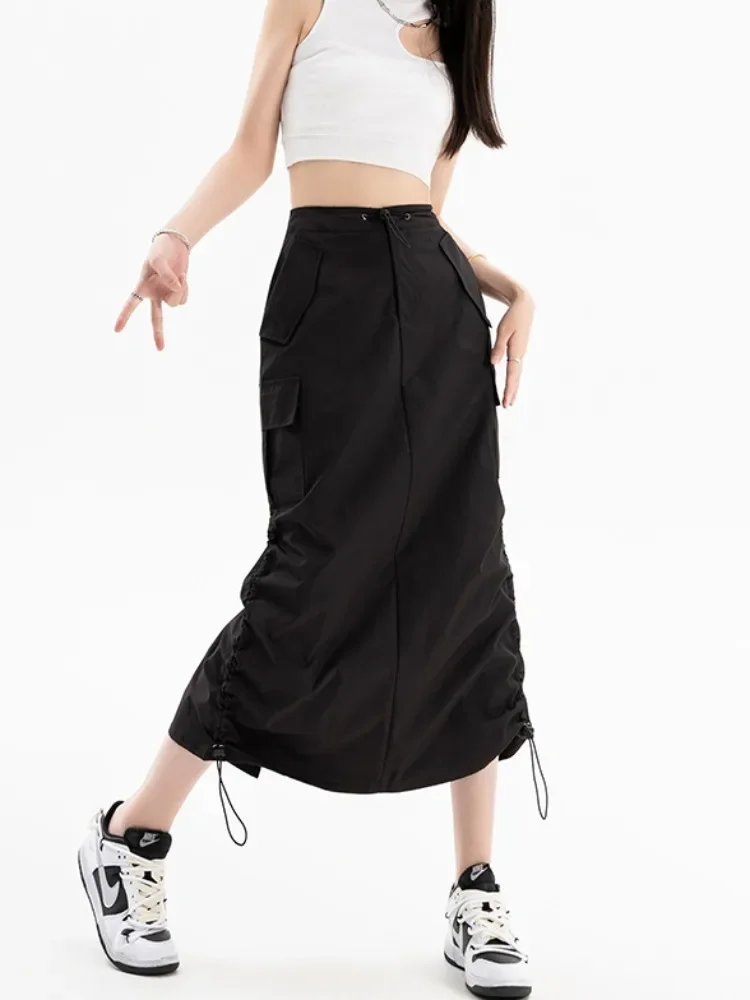 Skirts Women American Retro Slit-design Side Pleated High Waist All-match Hotsweet Streetwear Advanced Midi A-line Autumn Daily