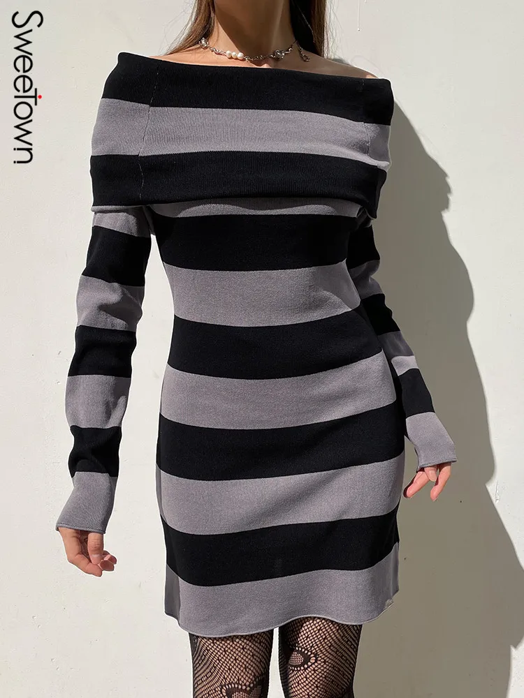 

Sweetown Women Stripe Knitted Winter Dresses Folds Slash Neck Elegant Fashion Slim Sexy Bodycon Mini Dress Basic Fall Clothing