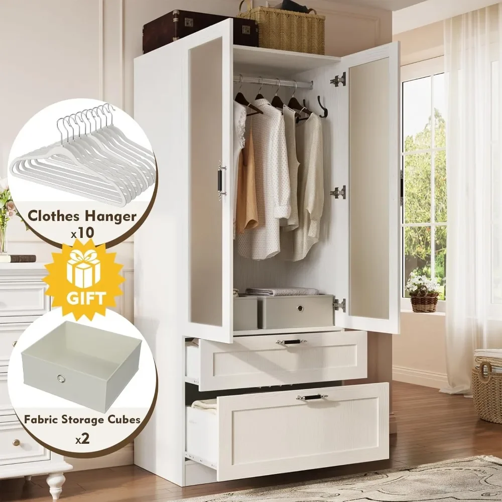 Tall double-door wardrobe with hanging bars and two drawers for clothing storage