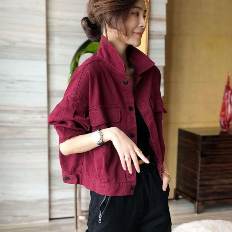 

Women's Wine Red Short Denim Jacket 2025 Spring Autumn Loose Fit Long Sleeve Casual Jacket Stylish & Workwear Style Outerwear