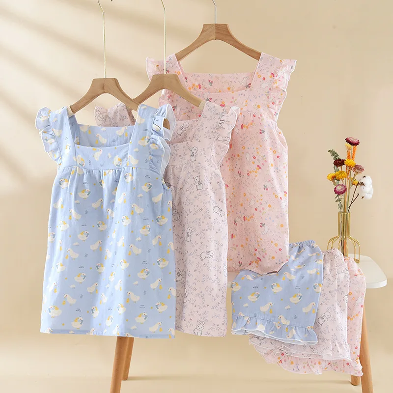 

Suspender Summer Pajamas Women with Chest Pad Small Vest 2PCS Set Thin Pure Cotton Gauze Sweet Sleeveless Loungewear