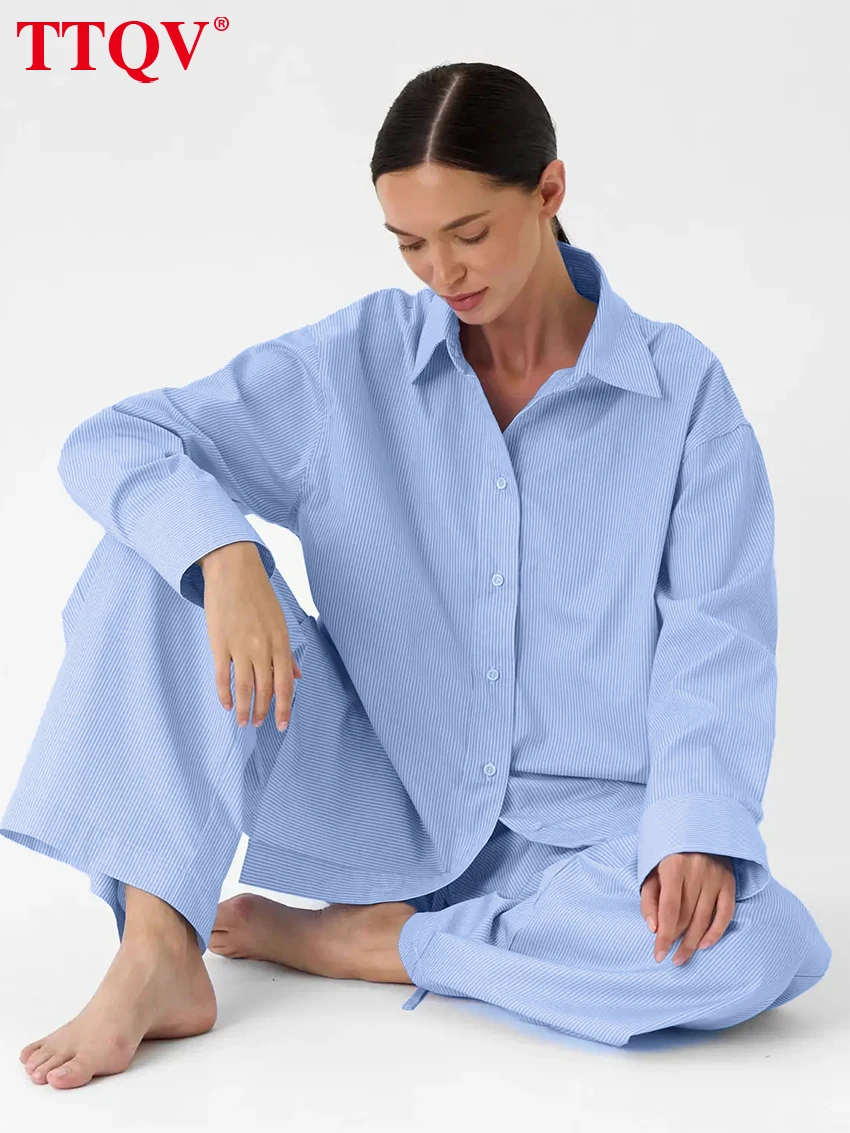

TTQV Fashion Long Sleeve Blouse Women Two Pieces Set Casual Blue Stripe Cotton Pants Set Elegant Classic Wide Trousers Suits