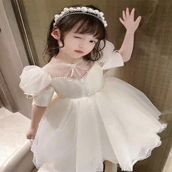 Spring and Autumn Girls Children's Fashion Dress Solid Pearl Print/Short Sleeve Mesh Princess Dress Children's Clothing