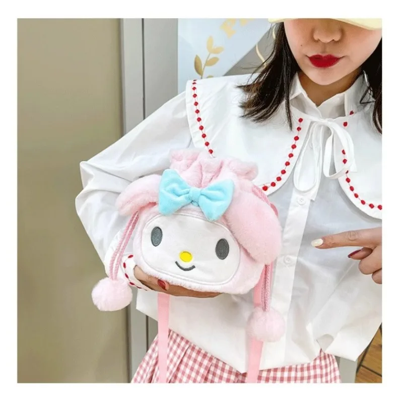 Sanrio Plush Shoulder Bag Cartoon Anime Kuromi Portable Drawstring Bag Cinnamoroll Plushies Toy My Melody Diagonal Package Gift