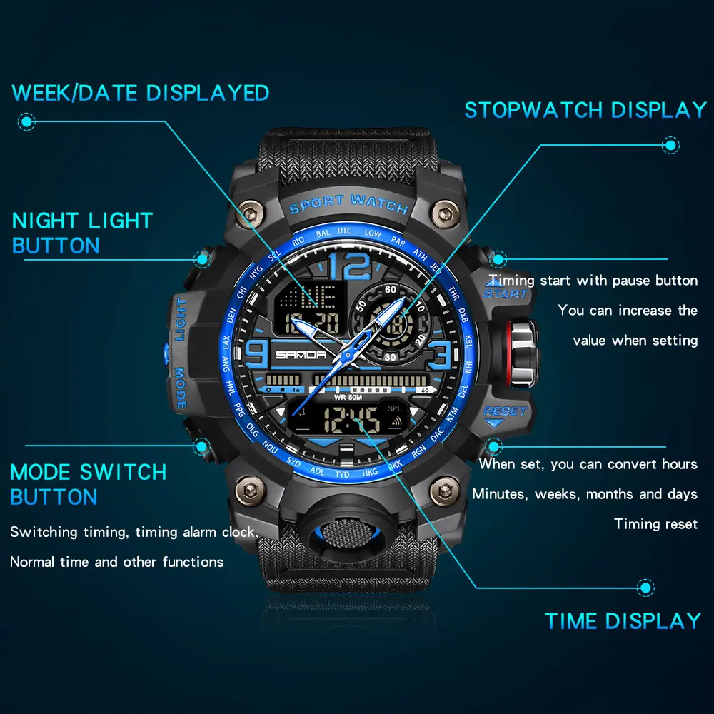 Mens Military Sports Wristwatch Waterproof Dual Display Analog Digital LED Electronic Quartz Watches Men Support Dropshipping