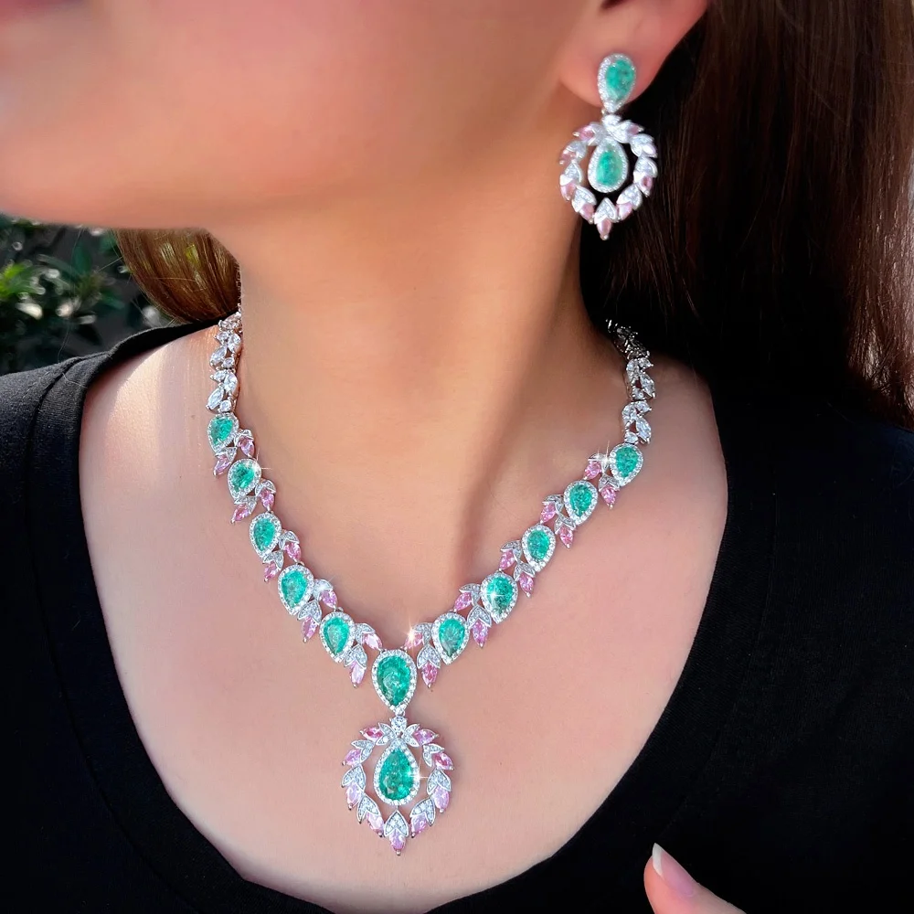 Pera Luxury Shiny Green&Pink CZ Bridal 2pc Jewerly Sets for Women Big Water Drop Pendant Necklace Earring Wedding Party Set J007