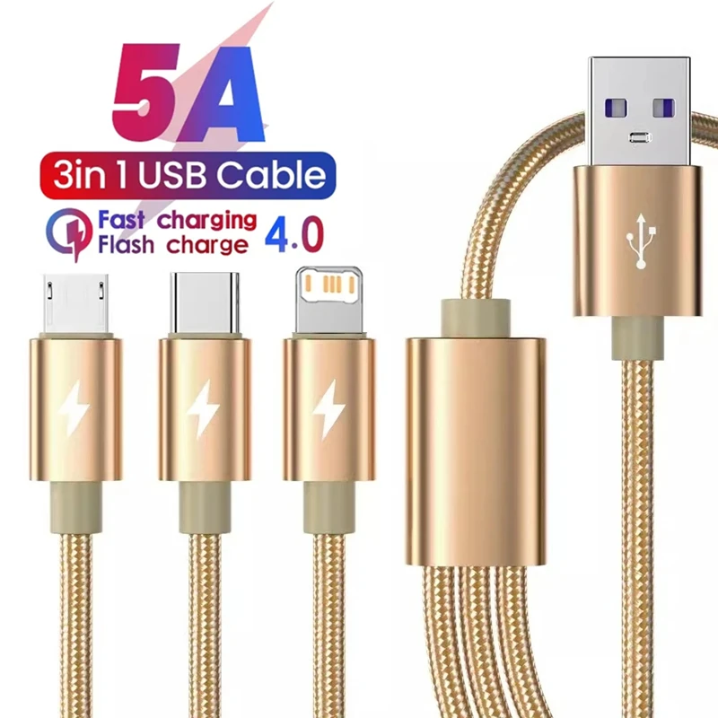 3 in 1 Super Fast Charging USB Cable for iPhone 14 Samsung Huawei Xiaomi Redmi POCO Micro USB Type C Charger Braided Cable 1m 2m