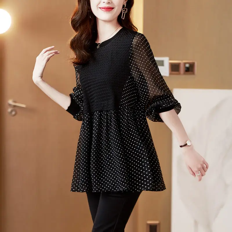 Spring Autumn Black Polka Dot Loose Casual Shirt Ladies Elegant Fashion Patchwork Pullover Top Women Long Sleeve Chiffon Blouse