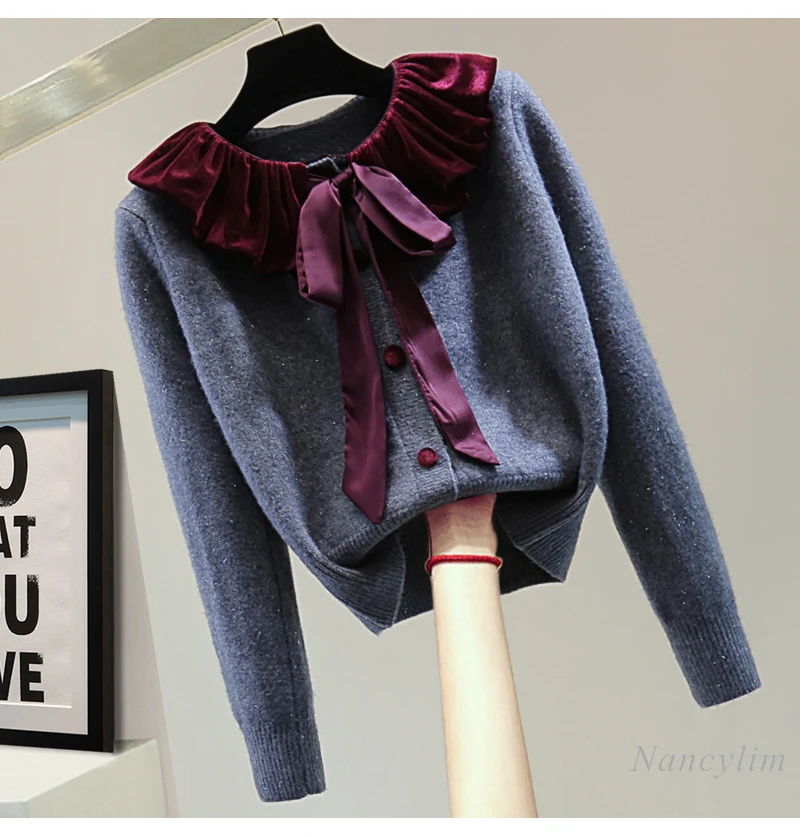 

Korean Style Small Velvet Spliced Bow Knitted Sweater Women Spring Winter Short Color Matching Bright Silk Doll Neck Cardigan