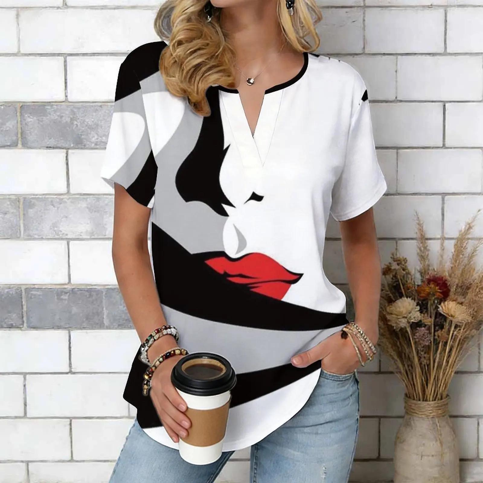 Women Print Notched V Neck Short Sleeve Casual Loose Tunic Tops