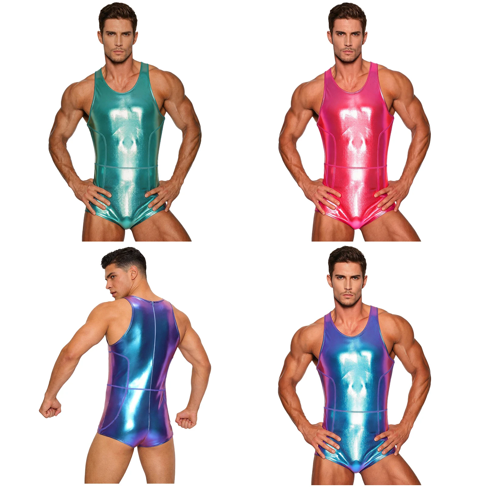 Mens Swim Leotard Metallic Bodysuit Swimwear Sleeveless Shorts Bottom One Piece Swimsuit for Summer Holiday Swimming Bathing