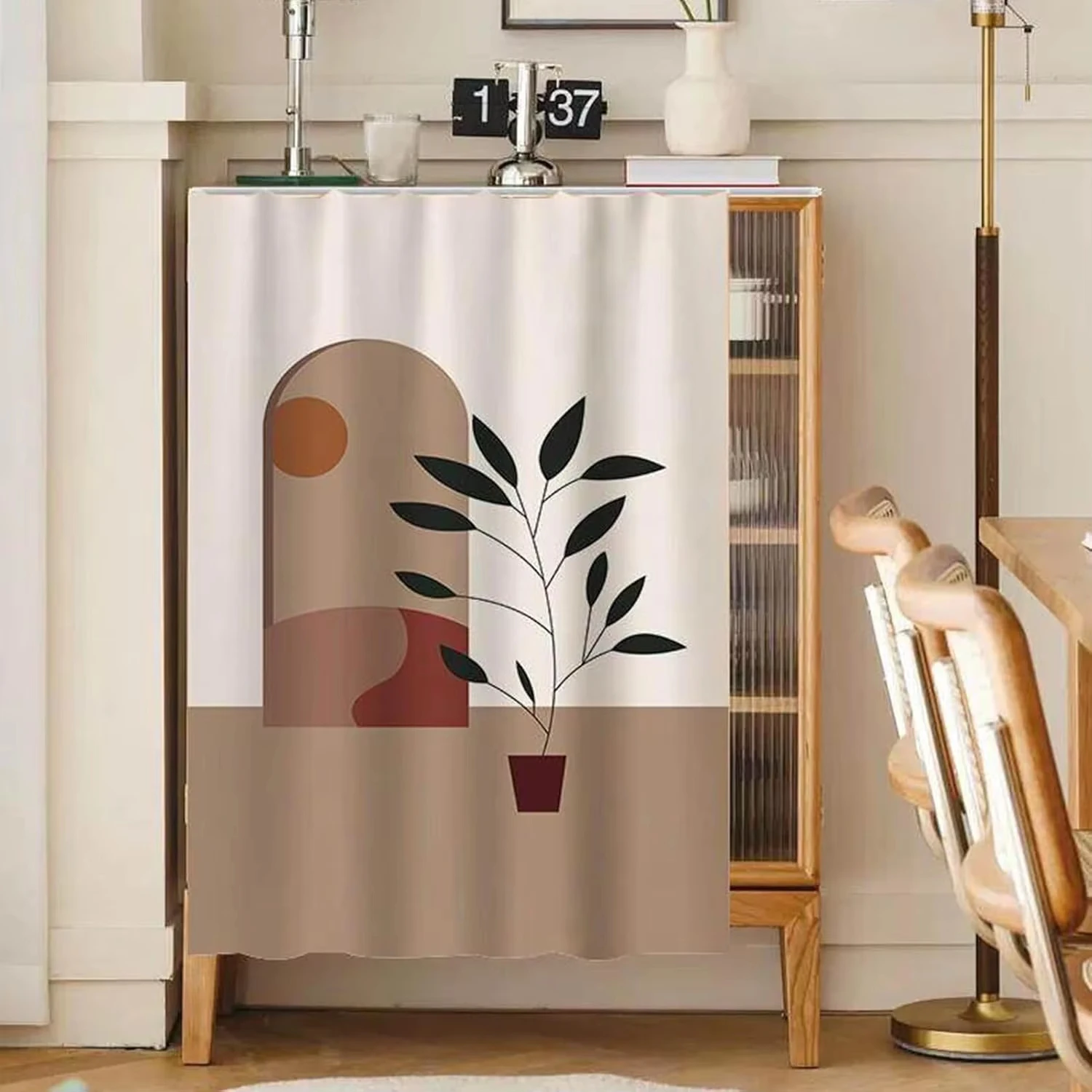 VIKAMA Modern Abstract Cabinet Cover Curtain Cat Plant Vase Print No-Drill Hook-and-Loop Minimalist Cupboard Shelf Room Decor