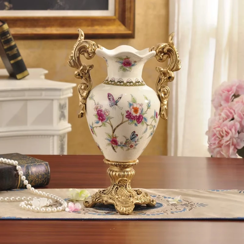 Creative European Trophy Shaped Floor Ceramic Vase Crafts  Vintage Home Decorative Vase Tabletop Vase with Two Handles
